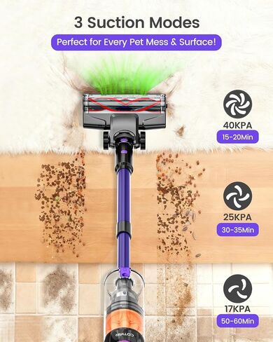 Cordless Vacuum Cleaner, 500W 40KPa 60Mins Vacuum Cleaners for Home, Powerful Stick Vacuum With Green Light, Anti-tangle Wireless Vacumm, Rechargeable Vacuum for Pet Hair/Carpet/Hardwood Floor, Purple in Kuwait