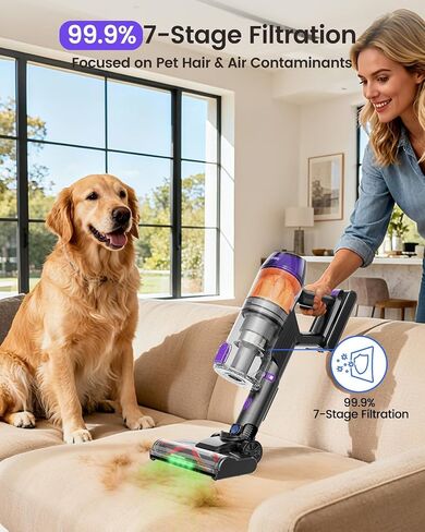 Cordless Vacuum Cleaner, 500W 40KPa 60Mins Vacuum Cleaners for Home, Powerful Stick Vacuum With Green Light, Anti-tangle Wireless Vacumm, Rechargeable Vacuum for Pet Hair/Carpet/Hardwood Floor, Purple in Kuwait