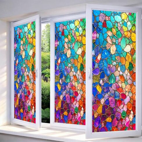 IVN Stained Glass Window Film Gemstone Design 17.7x39.3 inch Window Privacy Film Stained Decals Static Cling Sun Blocking Decor for Home Office Windows Door Glass Partitions in Saudi Arabia
