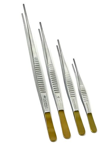 German Set of 4 Each Debakey Forceps Serrated Narrow Tips for Atraumatic Veterinary Microscopy Dissection Comes in Gold Handle 6"+8"+10"+12" in Kuwait