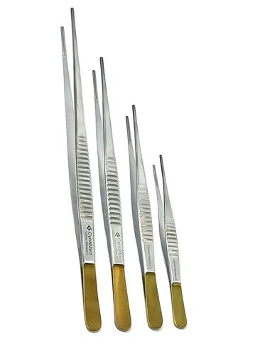 German Set of 4 Each Debakey Forceps Serrated Narrow Tips for Atraumatic Veterinary Microscopy Dissection Comes in Gold Handle 6"+8"+10"+12" in Kuwait