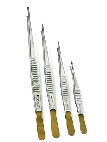 German Set of 4 Each Debakey Forceps Serrated Narrow Tips for Atraumatic Veterinary Microscopy Dissection Comes in Gold Handle 6"+8"+10"+12" in Kuwait