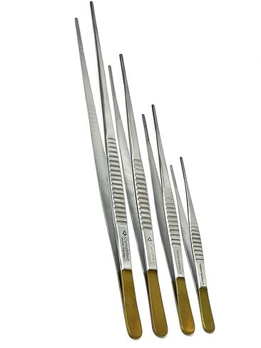 German Set of 4 Each Debakey Forceps Serrated Narrow Tips for Atraumatic Veterinary Microscopy Dissection Comes in Gold Handle 6"+8"+10"+12" in Kuwait