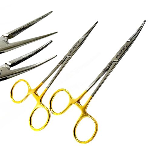 Serrated Jaws Straight + Curved Tip Mosquito Forceps 5 Inches - Gold Color Locking Handle | Autoclave-Safe German Stainless Steel | Multi-Purpose Hemostats | Pack of 2 in Kuwait