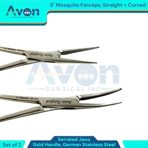 Serrated Jaws Straight + Curved Tip Mosquito Forceps 5 Inches - Gold Color Locking Handle | Autoclave-Safe German Stainless Steel | Multi-Purpose Hemostats | Pack of 2 in Kuwait