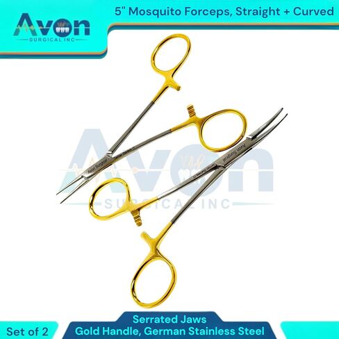 Serrated Jaws Straight + Curved Tip Mosquito Forceps 5 Inches - Gold Color Locking Handle | Autoclave-Safe German Stainless Steel | Multi-Purpose Hemostats | Pack of 2 in Kuwait
