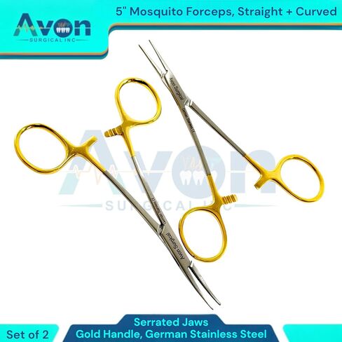 Serrated Jaws Straight + Curved Tip Mosquito Forceps 5 Inches - Gold Color Locking Handle | Autoclave-Safe German Stainless Steel | Multi-Purpose Hemostats | Pack of 2 in Kuwait