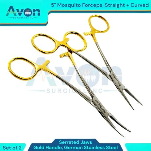 Serrated Jaws Straight + Curved Tip Mosquito Forceps 5 Inches - Gold Color Locking Handle | Autoclave-Safe German Stainless Steel | Multi-Purpose Hemostats | Pack of 2 in Kuwait