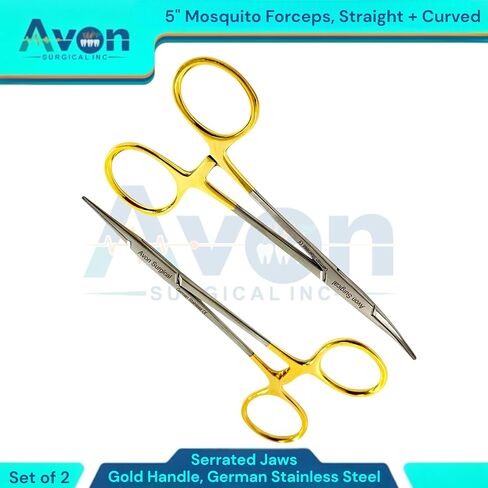 Serrated Jaws Straight + Curved Tip Mosquito Forceps 5 Inches - Gold Color Locking Handle | Autoclave-Safe German Stainless Steel | Multi-Purpose Hemostats | Pack of 2 in Kuwait