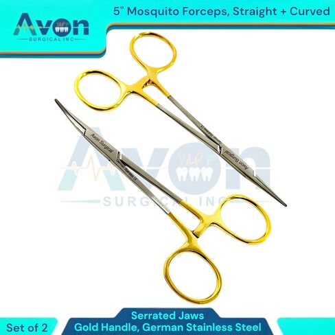 Serrated Jaws Straight + Curved Tip Mosquito Forceps 5 Inches - Gold Color Locking Handle | Autoclave-Safe German Stainless Steel | Multi-Purpose Hemostats | Pack of 2 in Kuwait