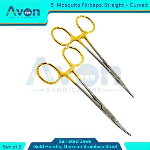 Serrated Jaws Straight + Curved Tip Mosquito Forceps 5 Inches - Gold Color Locking Handle | Autoclave-Safe German Stainless Steel | Multi-Purpose Hemostats | Pack of 2 in Kuwait