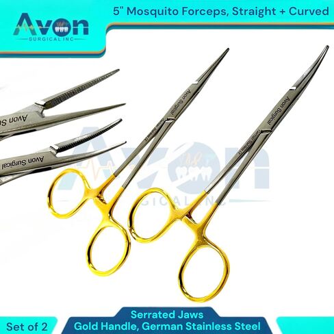 Serrated Jaws Straight + Curved Tip Mosquito Forceps 5 Inches - Gold Color Locking Handle | Autoclave-Safe German Stainless Steel | Multi-Purpose Hemostats | Pack of 2 in Kuwait