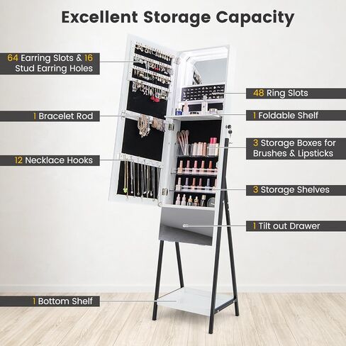 CHARMAID Jewelry Cabinet Armoire with Full Length Mirror, 3-Color Light Strips, Mirrored Tilt out Drawer, Lockable Standing Jewelry Organizer with Storage Shelves, Metal Stand (Rustic Brown) in Saudi Arabia