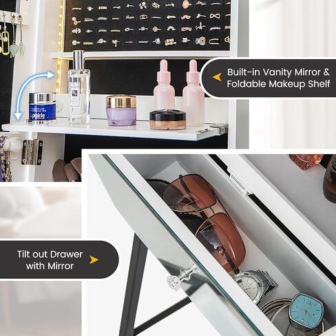 CHARMAID Jewelry Cabinet Armoire with Full Length Mirror, 3-Color Light Strips, Mirrored Tilt out Drawer, Lockable Standing Jewelry Organizer with Storage Shelves, Metal Stand (Rustic Brown) in Saudi Arabia