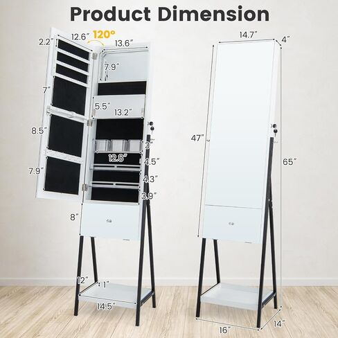 CHARMAID Jewelry Cabinet Armoire with Full Length Mirror, 3-Color Light Strips, Mirrored Tilt out Drawer, Lockable Standing Jewelry Organizer with Storage Shelves, Metal Stand (Rustic Brown) in Saudi Arabia