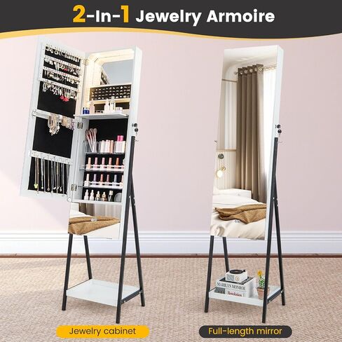 CHARMAID Jewelry Cabinet Armoire with Full Length Mirror, 3-Color Light Strips, Mirrored Tilt out Drawer, Lockable Standing Jewelry Organizer with Storage Shelves, Metal Stand (Rustic Brown) in Saudi Arabia