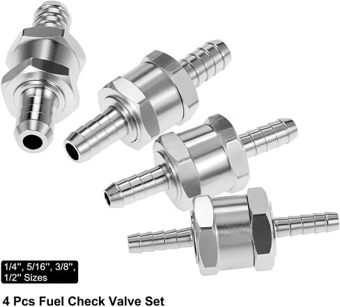 QWORK صمامات فحص خط الوقود من سبائك الألومنيوم 1/4 5/16 3/8 1/2 بوصة، 4 عبوات صمامات غير قابلة للإرجاع في اتجاه واحد لمياه زيت الديزل البنزين مع مقاومة الضغط العالي وسهولة التركيب، فضي in Kuwait