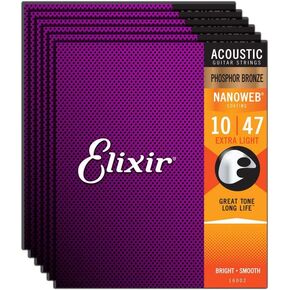 Elixir Phosphor Bronze Nanoweb 16002 Extra Light 10-47 Acoustic Guitar Strings 6-Pack w/Bonus Elixir Polishing Cloth in Kuwait