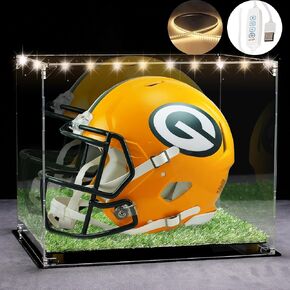 Full Size Football Helmet Display Case with 3-Modes LED Lights & Turf Base – Acrylic Showcase with Mirror Back, Gold Risers, UV Protection – Perfect for Sports Memorabilia & Collectibles in Saudi Arabia
