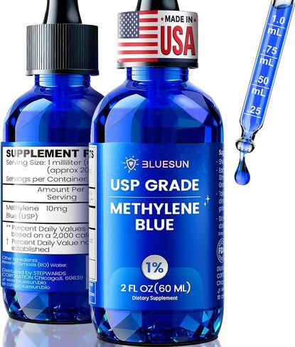 Bluesun Methene Blue Drops 1% - درجة USP 2FL.OZ(60ml) - تم اختبارها من قبل طرف ثالث - الجودة الصيدلانية - زجاجة كهرمان زجاجية - تتضمن شهادة توثيق البرامج - خالية من الفورمالديهايد - صنع في الولايات المتحدة الأمريكية in Kuwait