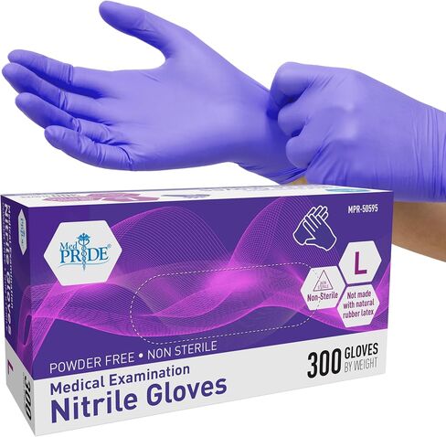 قفازات MED PRIDE Nitrile Exam 300 Count، قفازات فحص زرقاء للاستعمال مرة واحدة، خالية من البودرة، خالية من اللاتكس، درجة طبية in Kuwait