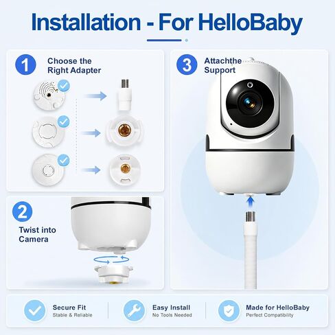 حامل شاشة الطفل متوافق مع HelloBaby HB6550/HB65/HB6560/HB66/HB40/HB248/HB6339/ANMEATE SM935E، مشبك مرن على شكل رقبة معقوفة لسرير الأطفال، قابل للتعديل 360 درجة بدون أدوات تثبيت على الحائط أو تلف الحائط in Kuwait