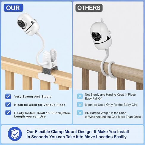 حامل شاشة الطفل متوافق مع HelloBaby HB6550/HB65/HB6560/HB66/HB40/HB248/HB6339/ANMEATE SM935E، مشبك مرن على شكل رقبة معقوفة لسرير الأطفال، قابل للتعديل 360 درجة بدون أدوات تثبيت على الحائط أو تلف الحائط in Kuwait