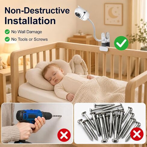 حامل شاشة الطفل متوافق مع HelloBaby HB6550/HB65/HB6560/HB66/HB40/HB248/HB6339/ANMEATE SM935E، مشبك مرن على شكل رقبة معقوفة لسرير الأطفال، قابل للتعديل 360 درجة بدون أدوات تثبيت على الحائط أو تلف الحائط in Kuwait