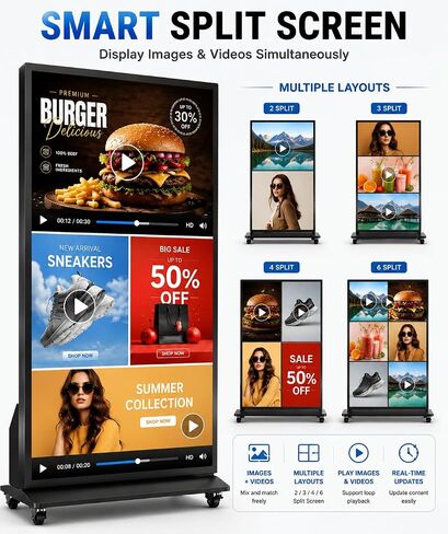 شاشة عرض رقمية كاملة الشاشة مقاس 75 بوصة، كشك ملصق رقمي قائم على الأرض بدقة 4K UHD مع نظام أندرويد، واي فاي، HDMI، مدخل USB، إدارة CMS عن بعد لمتاجر البيع بالتجزئة، الفنادق، الأعمال in Kuwait