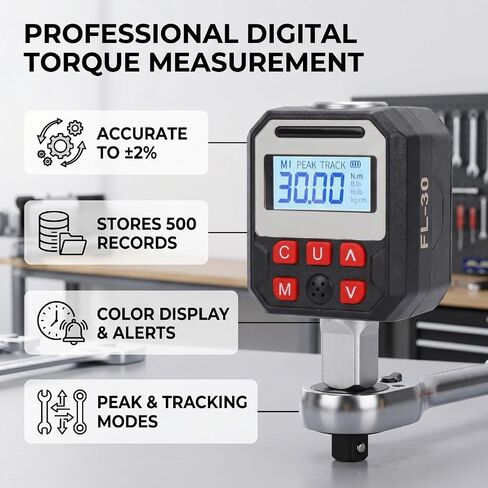 Digital Torque Adapter, 1.5-30Nm 2% Accuracy with Color LCD Track Modes 9 Presets 500 Data Storage, for Automotive Car Motorcycle Maintenance in Kuwait