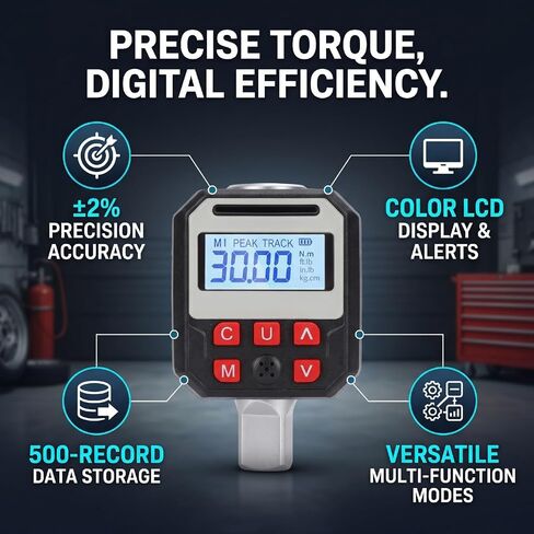 Digital Torque Adapter, 1.5-30Nm 2% Accuracy with Color LCD Track Modes 9 Presets 500 Data Storage, for Automotive Car Motorcycle Maintenance in Kuwait