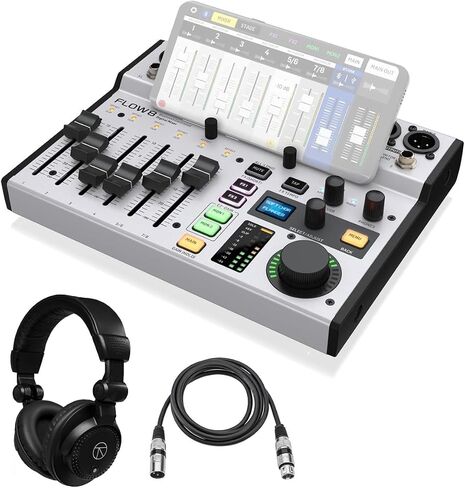 جهاز مزج الصوت الرقمي USB 8-Input من Behringer FLOW 8، حزمة مع سماعات رأس وكابل صوت دوار TAPH100 in Kuwait