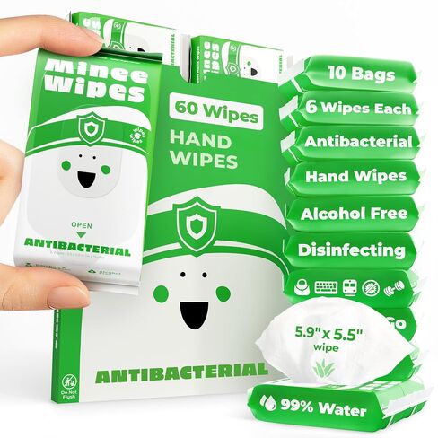Impossibly Compact Travel Antibacterial Wipes Hand Sanitizer - 99.5% Water and Aloe - Safe for Sensitive Skin & Hypoallergenic Hand Wipes - Travel Essentials For Adults & Kids, 10 Pack Total 60 Wipe in Saudi Arabia