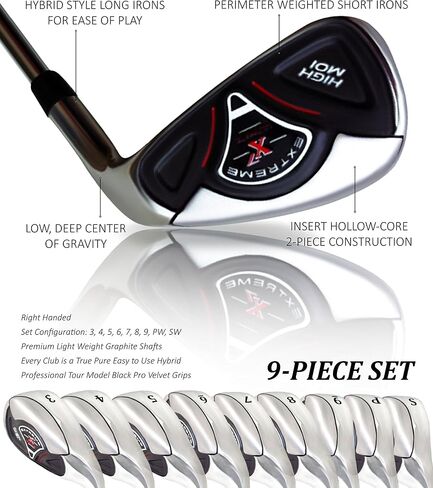 High MOI +2 inch Over XL Big & Tall Senior Men's Complete 9-Piece Iron Set (3-SW) Right Handed Senior Flex A Flex Club (Tall 6'3"+ / +2" Over) with Jumbo Black Pro Velvet Grip in Kuwait