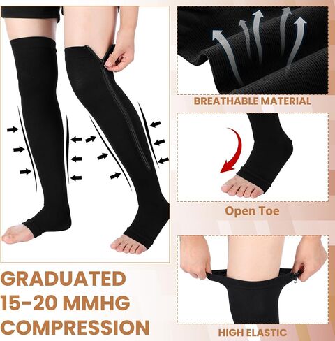 Twistover 4 أزواج النساء المفتوحة تو الفخذ عالية زيبر جوارب ضغط 15-20 Mmhg النايلون جوارب طويلة إلى الركب لتورم وذمة in Kuwait