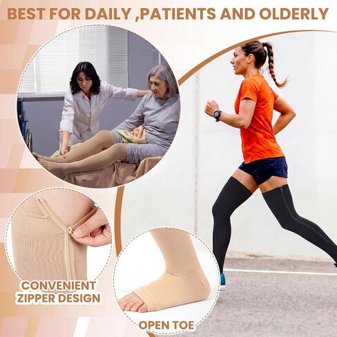 Twistover 4 أزواج النساء المفتوحة تو الفخذ عالية زيبر جوارب ضغط 15-20 Mmhg النايلون جوارب طويلة إلى الركب لتورم وذمة in Kuwait