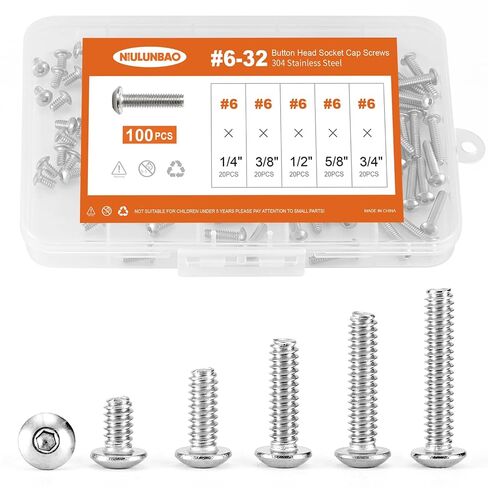 #6-32 x 1/4", 3/8", 1/2", 5/8", 3/4" Button Head Socket Cap Screws Bolts 304 Stainless Steel, Allen Hex Drive, Machine Bright Finish Fully Threaded, Assortment Kit 100PCS in Kuwait