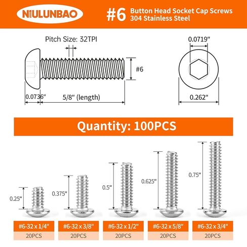#6-32 x 1/4", 3/8", 1/2", 5/8", 3/4" Button Head Socket Cap Screws Bolts 304 Stainless Steel, Allen Hex Drive, Machine Bright Finish Fully Threaded, Assortment Kit 100PCS in Kuwait