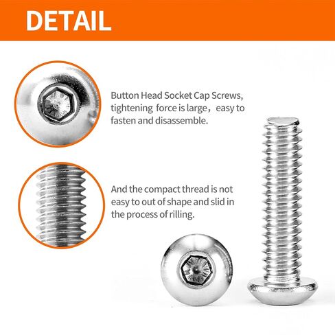 #6-32 x 1/4", 3/8", 1/2", 5/8", 3/4" Button Head Socket Cap Screws Bolts 304 Stainless Steel, Allen Hex Drive, Machine Bright Finish Fully Threaded, Assortment Kit 100PCS in Kuwait