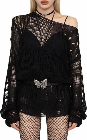 URAWESO Goth Y2K Striped Sweater Ripped Punk Gothic Sweaters for Women Harajuku Aesthetic Halloween Pullover Tops in Saudi Arabia