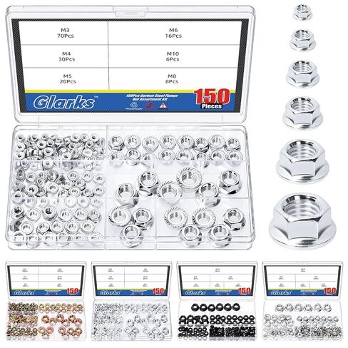 Glarks 150pcs M3/M4/M5/M6/M8/M10 Nickel Plated Serrated Hex Flange Lock Nuts Kit, Carbon Steel Hexagon Metric Flange Nuts, Serrated Flange-Lock Nut for DIY Home Mechanism, Industrial Construction in Kuwait