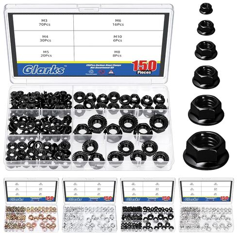Glarks 150pcs M3/M4/M5/M6/M8/M10 Nickel Plated Serrated Hex Flange Lock Nuts Kit, Carbon Steel Hexagon Metric Flange Nuts, Serrated Flange-Lock Nut for DIY Home Mechanism, Industrial Construction in Saudi Arabia
