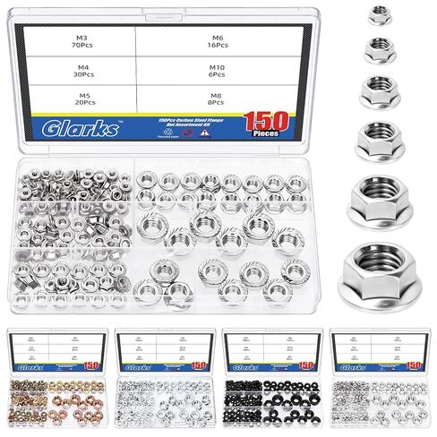 Glarks 150pcs M3/M4/M5/M6/M8/M10 Nickel Plated Serrated Hex Flange Lock Nuts Kit, Carbon Steel Hexagon Metric Flange Nuts, Serrated Flange-Lock Nut for DIY Home Mechanism, Industrial Construction in Saudi Arabia