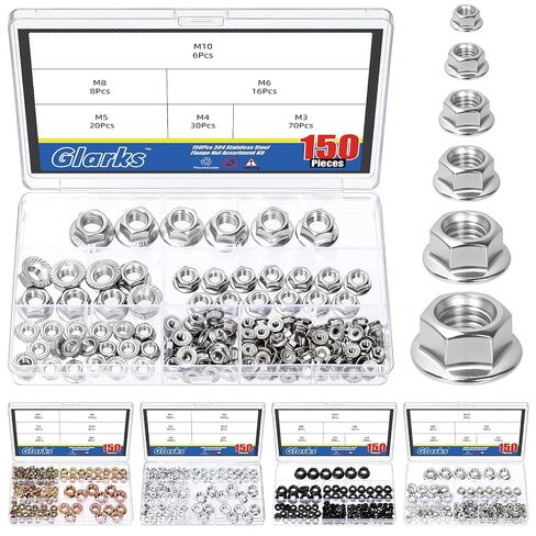 Glarks 150pcs M3/M4/M5/M6/M8/M10 Nickel Plated Serrated Hex Flange Lock Nuts Kit, Carbon Steel Hexagon Metric Flange Nuts, Serrated Flange-Lock Nut for DIY Home Mechanism, Industrial Construction in Saudi Arabia
