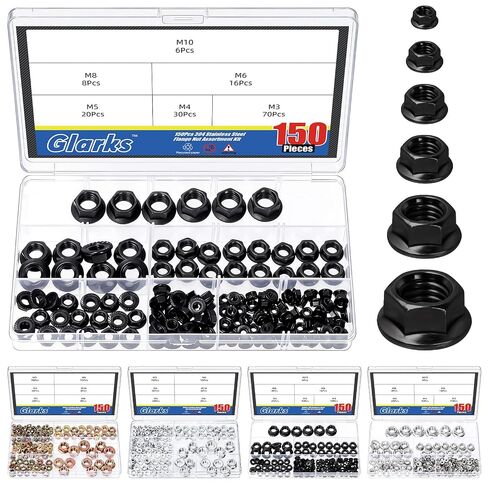 Glarks 150pcs M3/M4/M5/M6/M8/M10 Nickel Plated Serrated Hex Flange Lock Nuts Kit, Carbon Steel Hexagon Metric Flange Nuts, Serrated Flange-Lock Nut for DIY Home Mechanism, Industrial Construction in Saudi Arabia