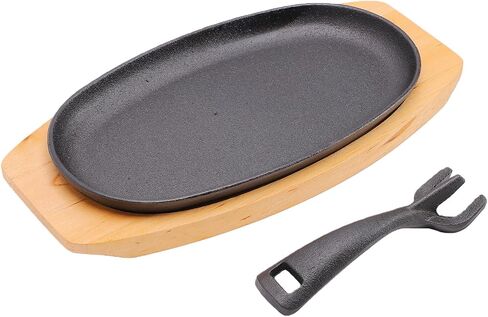 SUNGOOYUE Sizzling Plate, Fajita Pans Skillet Set With Beech Wood Tray And Lifting Handle,Suitable For Home Kitchen Restaurant Catering Parties Sizzling Plate, Oval Cast Iron in Kuwait