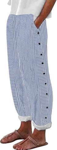 SHAOBGE Striped Linen Pants for Women Side Button Elastic Waist Straight Leg Cropped Pants Lightweight Trousers with Pockets in Saudi Arabia