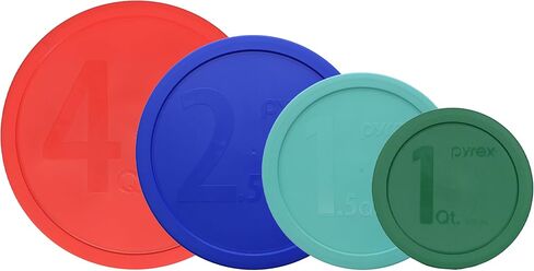 Pyrex (1) 326-PC 4Qt Red, (1) 325-PC 2.5qt Cadet Blue, (1) 323-PC 1.5qt Sun Bleach Turquoise, (1) 322-PC 1qt Green Lids - Made in USA in Kuwait