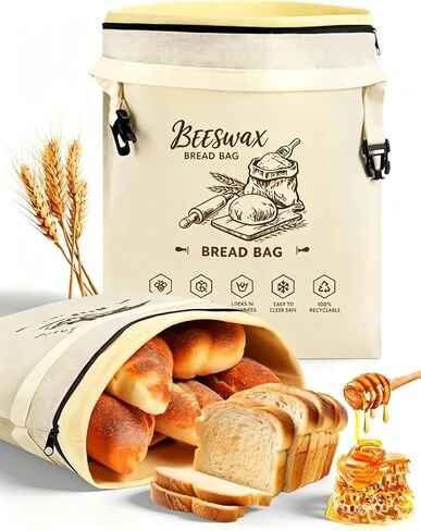 Beeswax Bread Bag 2 Pack Bread Bags For Homemade Bread Reusable Pure Cotton Storage Bag Keeps Sourdough Fruits and Vegetables Fresh up to 3x Longer With Zipper And Shoulder Strap in Kuwait