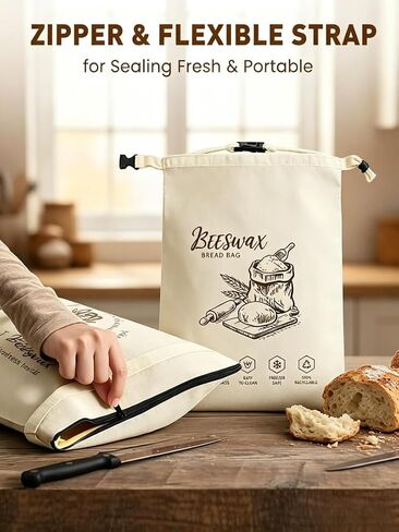 Beeswax Bread Bag 2 Pack Bread Bags For Homemade Bread Reusable Pure Cotton Storage Bag Keeps Sourdough Fruits and Vegetables Fresh up to 3x Longer With Zipper And Shoulder Strap in Kuwait